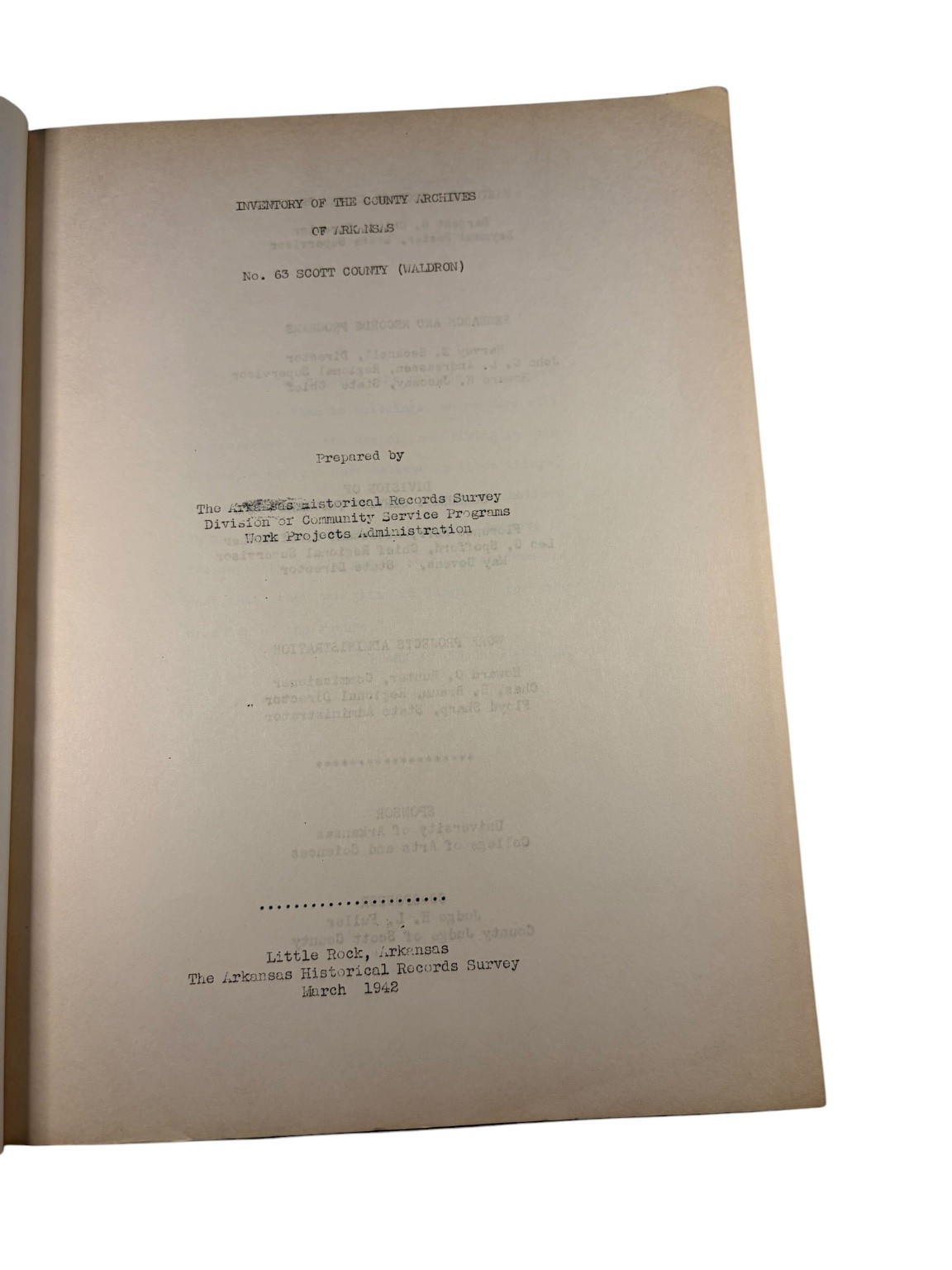 Inventory County Archives Arkansas No. 63 Scott County Waldron 1942 WPA History