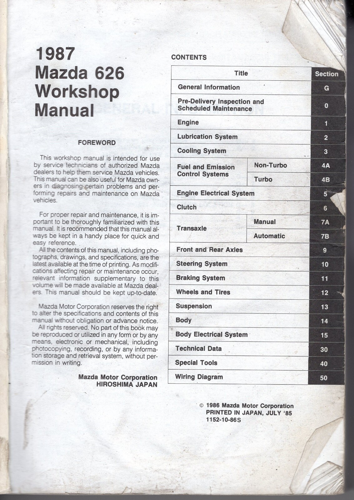1987 Mazda 626 FACTORY Workshop Manual Complete Part# 1152-10-86S MN393
