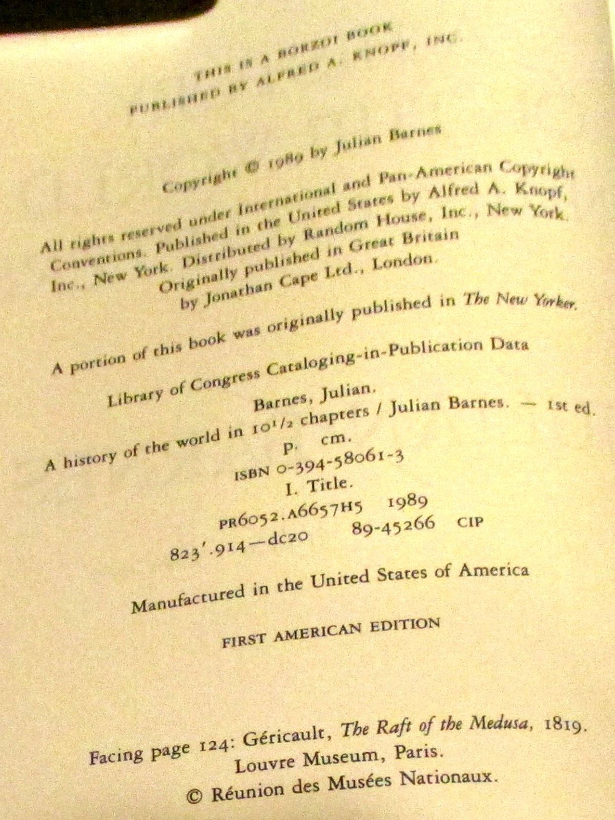 1989 “A History of the World in 10 1/2 Chapters by Julian Barnes SIGNED H/C D/J