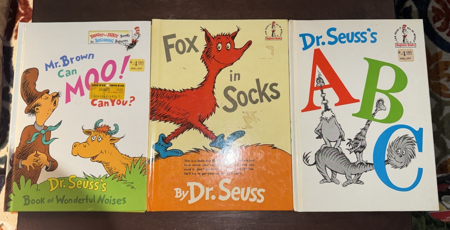 3 Vintage Hardcover Dr Suess Children’s Books Fox In Socks ABC Mr Brown Beginner