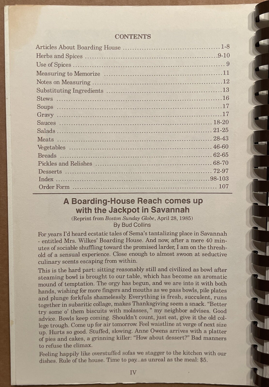 1985 SAVANNAH, GA, MRS. WILKES BOARDING HOUSE FAMOUS RECIPES COOKBOOK 106 PAGES